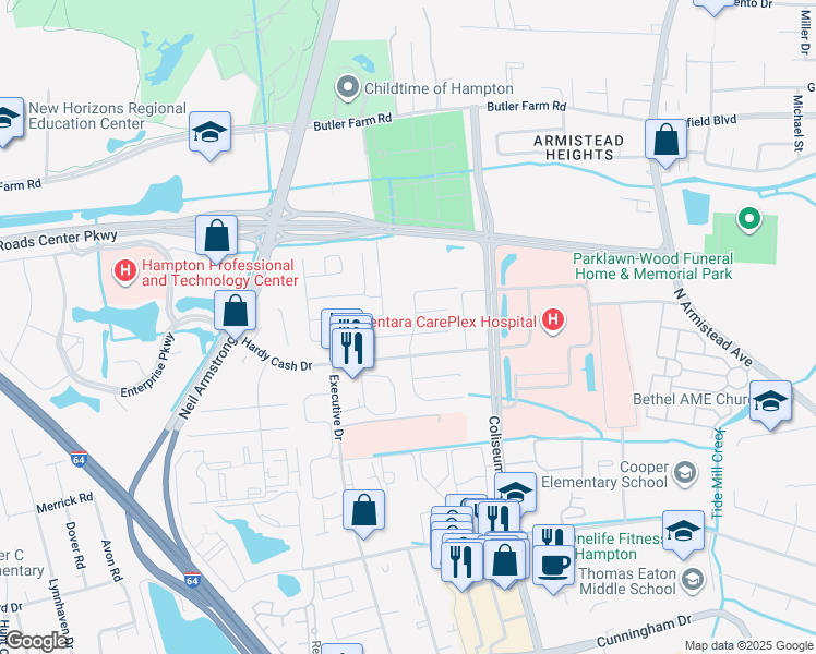 map of restaurants, bars, coffee shops, grocery stores, and more near 1404 Paul Jack Drive in Hampton