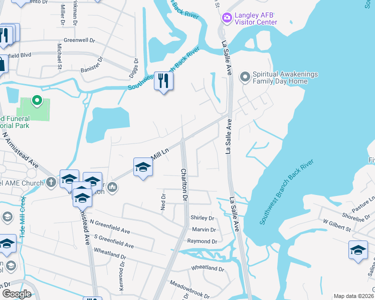 map of restaurants, bars, coffee shops, grocery stores, and more near 616 Charlton Drive in Hampton