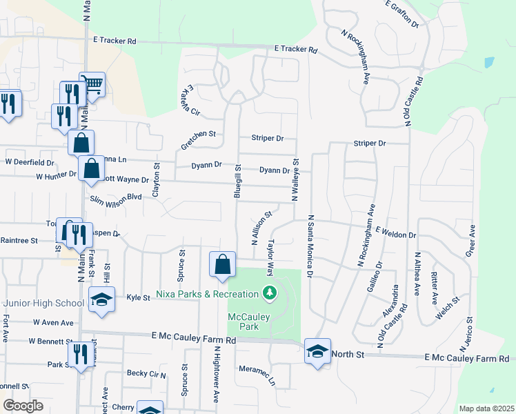 map of restaurants, bars, coffee shops, grocery stores, and more near 768 Bluegill Street in Nixa
