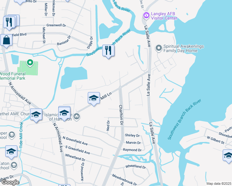 map of restaurants, bars, coffee shops, grocery stores, and more near 64 Tide Mill Lane in Hampton