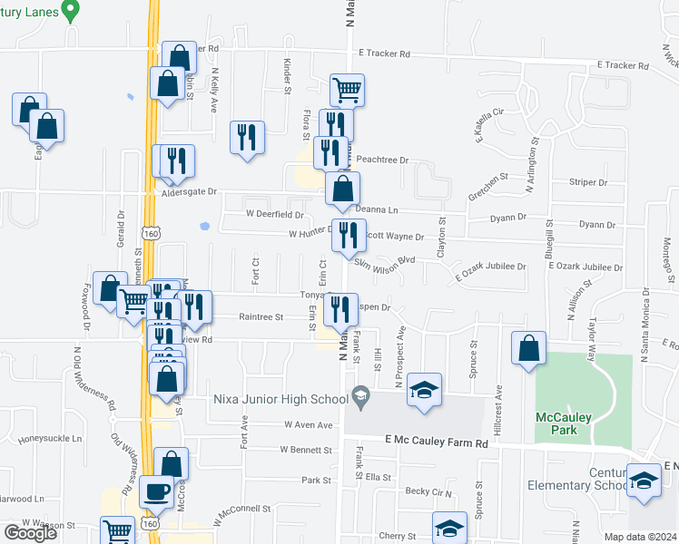 map of restaurants, bars, coffee shops, grocery stores, and more near 915 North Main Street in Nixa