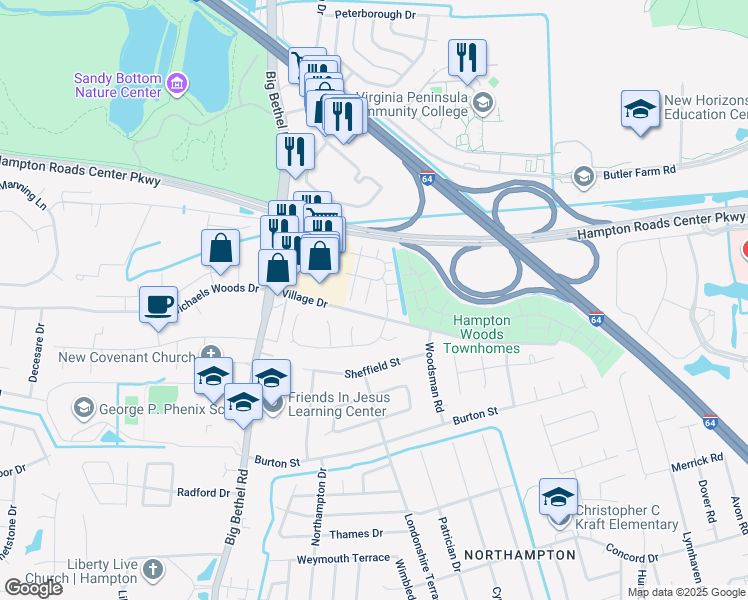 map of restaurants, bars, coffee shops, grocery stores, and more near 5 Salt Marsh Quay in Hampton