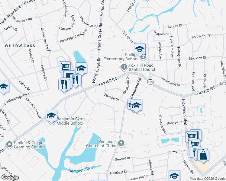 map of restaurants, bars, coffee shops, grocery stores, and more near 9 Winnard Road in Hampton