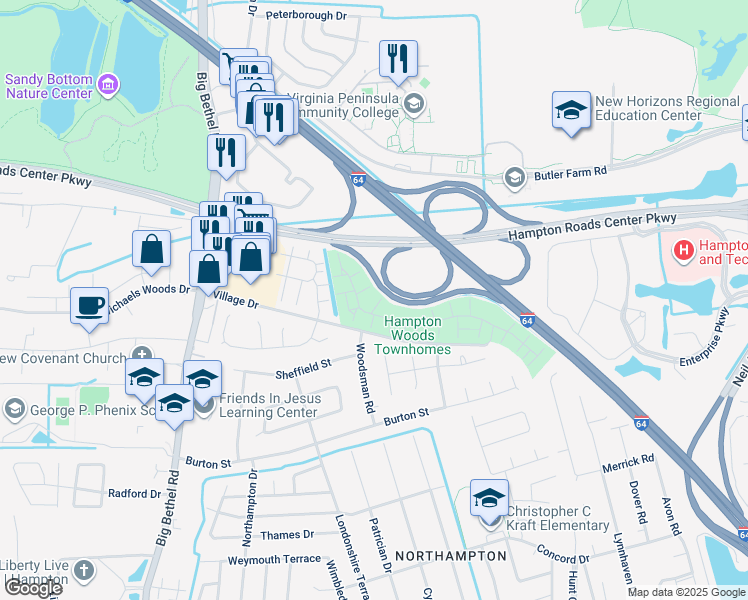 map of restaurants, bars, coffee shops, grocery stores, and more near 13 Evergreen Place in Hampton