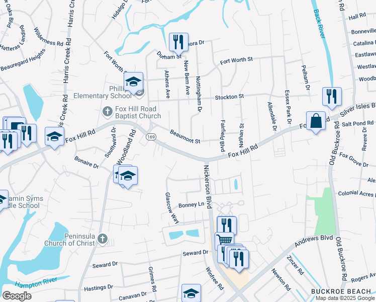 map of restaurants, bars, coffee shops, grocery stores, and more near 442 Beaumont Street in Hampton