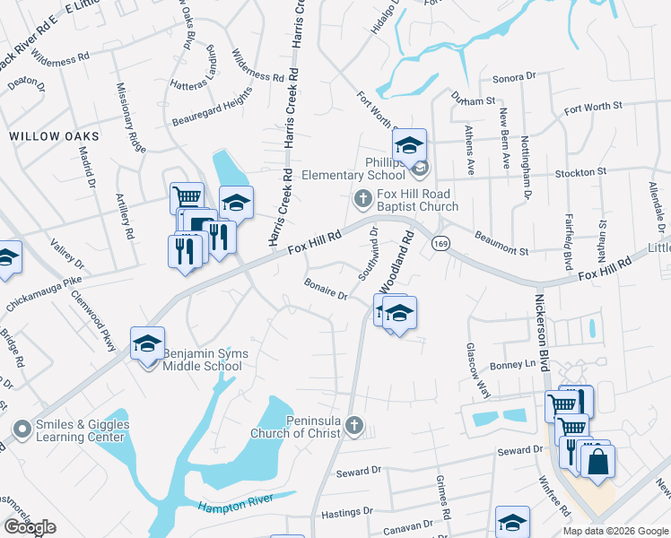map of restaurants, bars, coffee shops, grocery stores, and more near 9 Winnard Road in Hampton