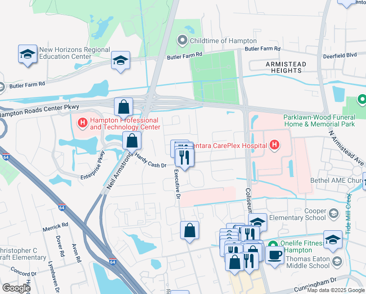map of restaurants, bars, coffee shops, grocery stores, and more near 1403 Crispell Court in Hampton
