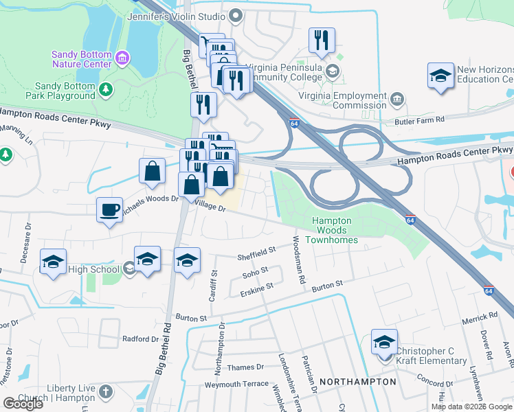 map of restaurants, bars, coffee shops, grocery stores, and more near 6 Tamarisk Quay in Hampton