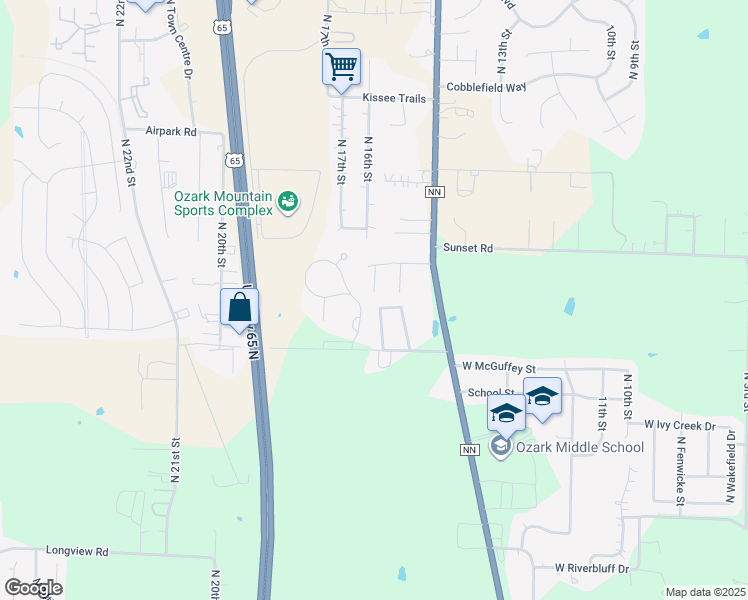 map of restaurants, bars, coffee shops, grocery stores, and more near 1523 West Garrett Lane in Ozark