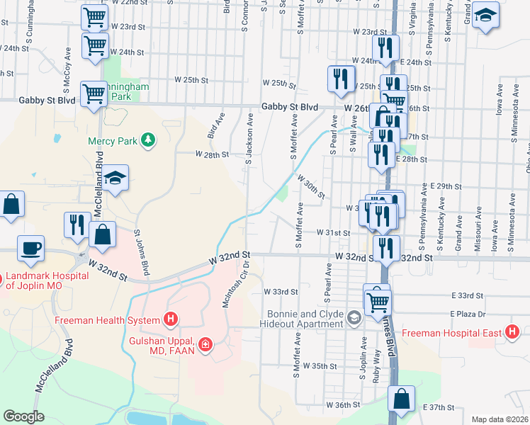 map of restaurants, bars, coffee shops, grocery stores, and more near 3020 Mohaska Avenue in Joplin