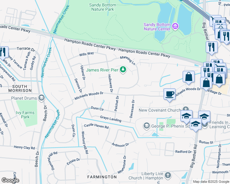 map of restaurants, bars, coffee shops, grocery stores, and more near 102 Michaels Woods Drive in Hampton