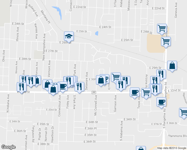 map of restaurants, bars, coffee shops, grocery stores, and more near 2917 South Mc Connell Avenue in Joplin