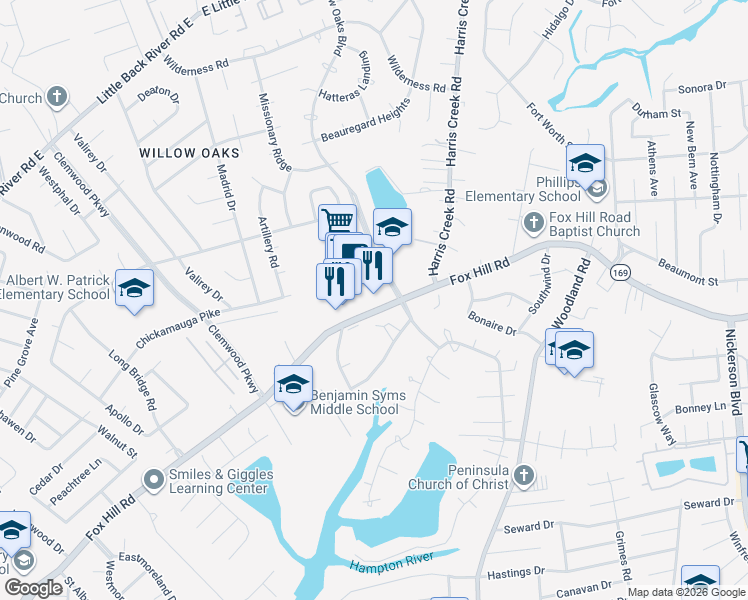 map of restaurants, bars, coffee shops, grocery stores, and more near 221 Fox Hill Road in Hampton