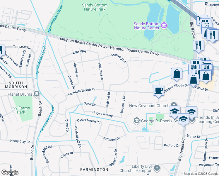 map of restaurants, bars, coffee shops, grocery stores, and more near 46 Pelchat Drive in Hampton