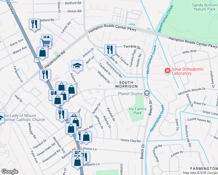 map of restaurants, bars, coffee shops, grocery stores, and more near 732 Mayland Drive in Newport News