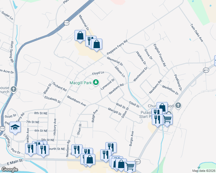 map of restaurants, bars, coffee shops, grocery stores, and more near 1200 Lynwood St in Pulaski