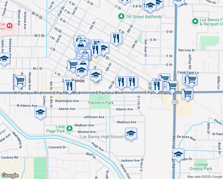map of restaurants, bars, coffee shops, grocery stores, and more near 1032 9th Street in Los Banos