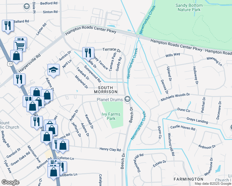 map of restaurants, bars, coffee shops, grocery stores, and more near 736 Elliffe Road in Newport News