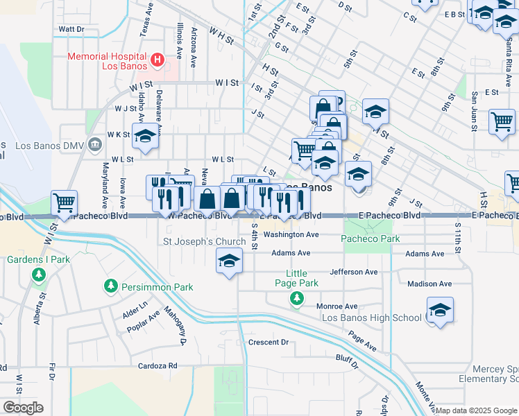 map of restaurants, bars, coffee shops, grocery stores, and more near 1267 4th Street in Los Banos