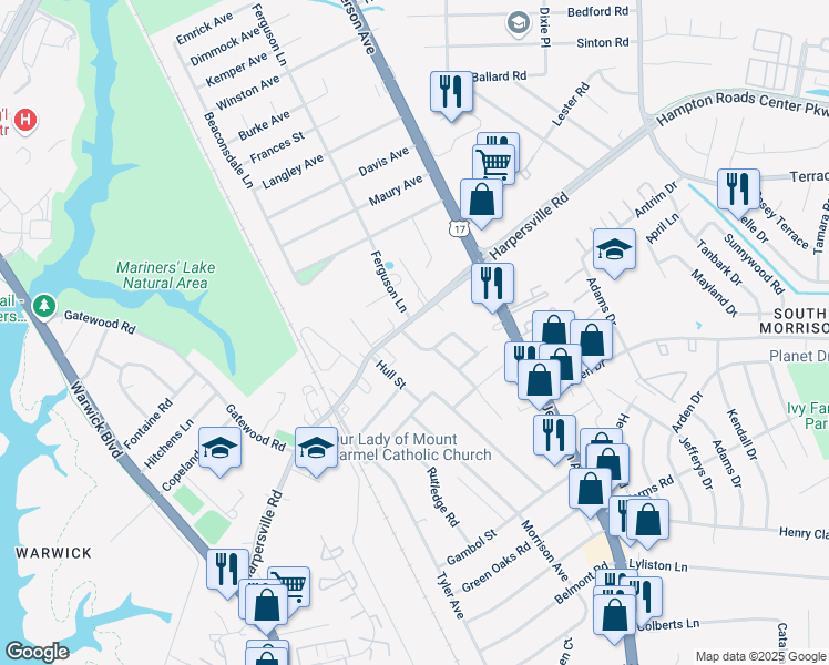 map of restaurants, bars, coffee shops, grocery stores, and more near 246 Harpersville Road in Newport News