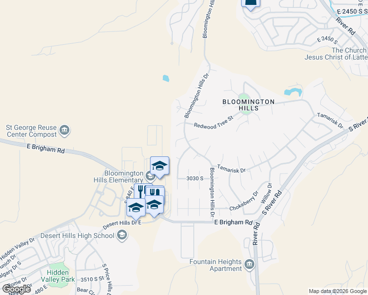map of restaurants, bars, coffee shops, grocery stores, and more near 2950 Beech Street in St. George