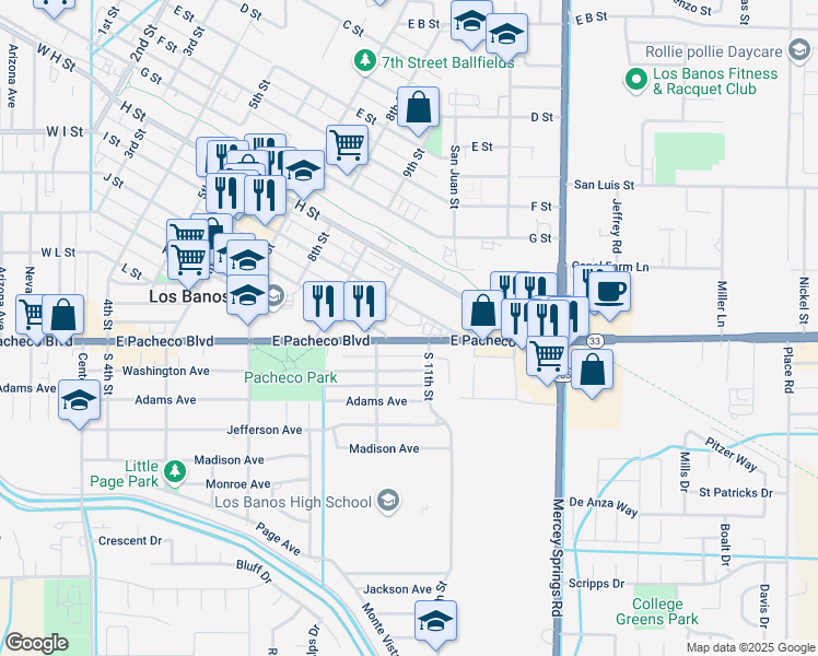 map of restaurants, bars, coffee shops, grocery stores, and more near 1025 I Street in Los Banos