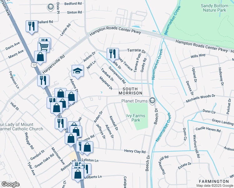 map of restaurants, bars, coffee shops, grocery stores, and more near 740 Mayland Drive in Newport News