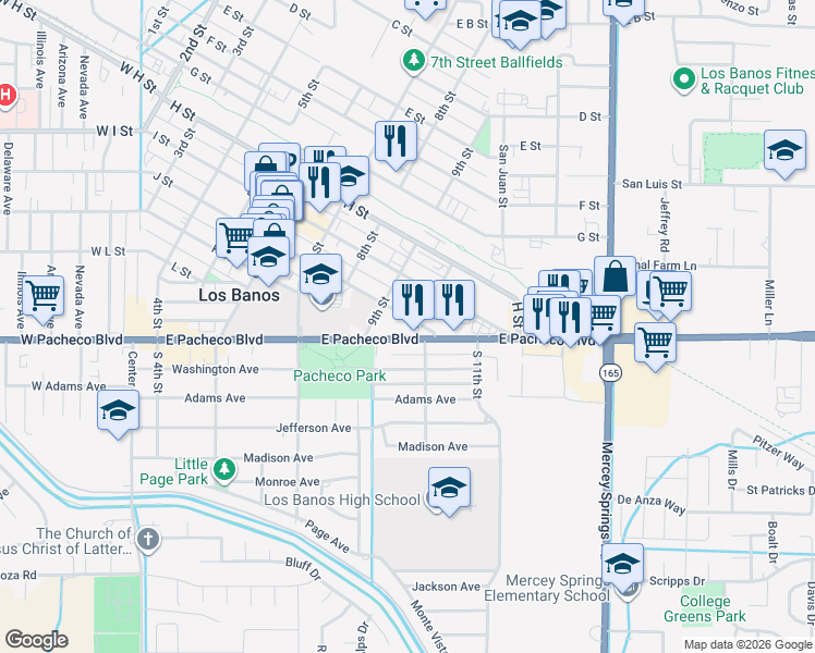 map of restaurants, bars, coffee shops, grocery stores, and more near 956 J Street in Los Banos