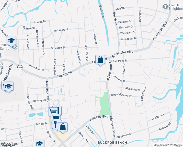 map of restaurants, bars, coffee shops, grocery stores, and more near 6 Wooded Hill Drive in Hampton