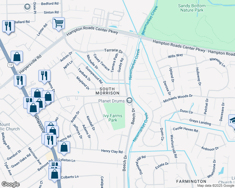 map of restaurants, bars, coffee shops, grocery stores, and more near 736 Elliffe Road in Newport News