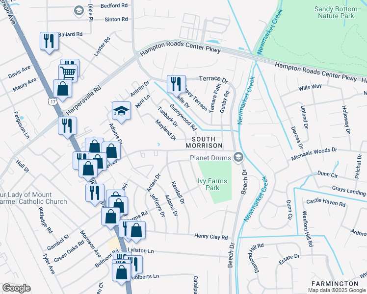 map of restaurants, bars, coffee shops, grocery stores, and more near 740 Mayland Drive in Newport News