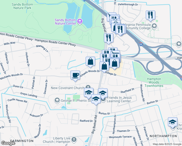 map of restaurants, bars, coffee shops, grocery stores, and more near 15 Michaels Woods Drive in Hampton
