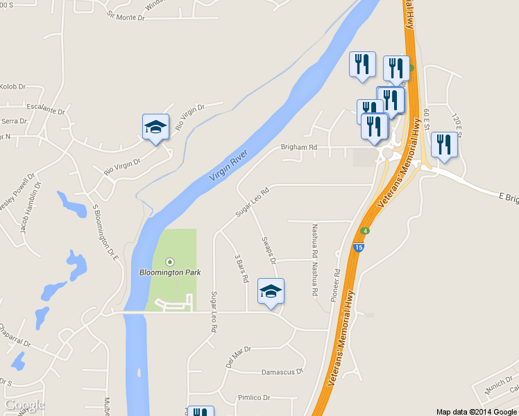 map of restaurants, bars, coffee shops, grocery stores, and more near 447 Sugar Leo Rd in St George