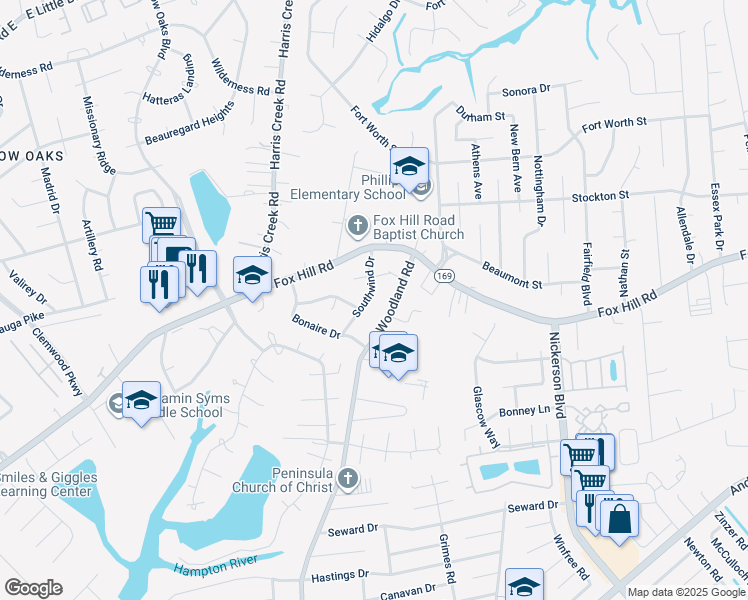 map of restaurants, bars, coffee shops, grocery stores, and more near 25 Southwind Drive in Hampton