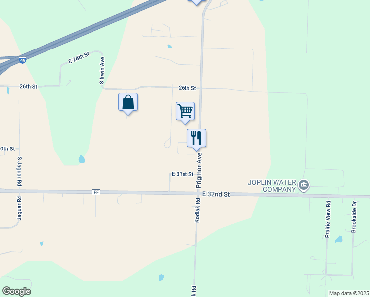 map of restaurants, bars, coffee shops, grocery stores, and more near 3002 S Prigmore Ave in Joplin
