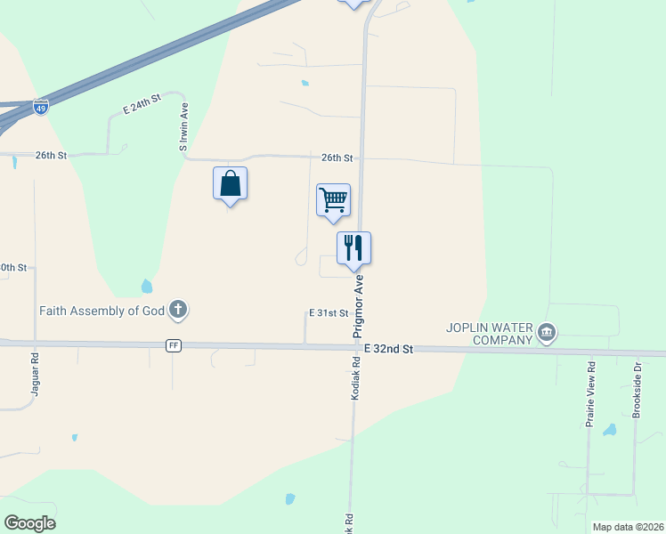 map of restaurants, bars, coffee shops, grocery stores, and more near 3002 South Prigmore Avenue in Joplin