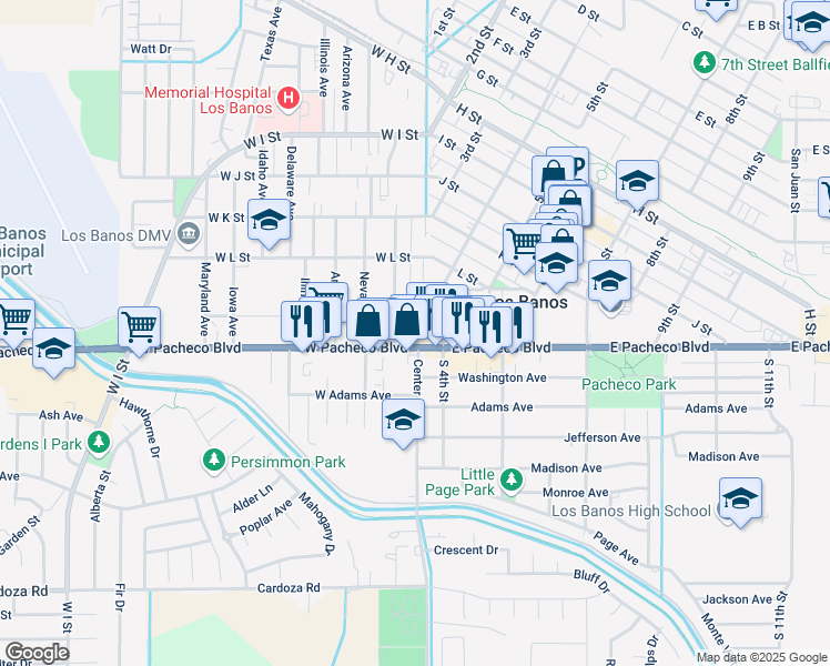 map of restaurants, bars, coffee shops, grocery stores, and more near 1267 4th Street in Los Banos