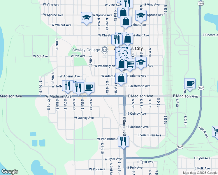 map of restaurants, bars, coffee shops, grocery stores, and more near 217 West Jefferson Avenue in Arkansas City