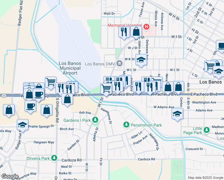 map of restaurants, bars, coffee shops, grocery stores, and more near 828 West Pacheco Boulevard in Los Banos
