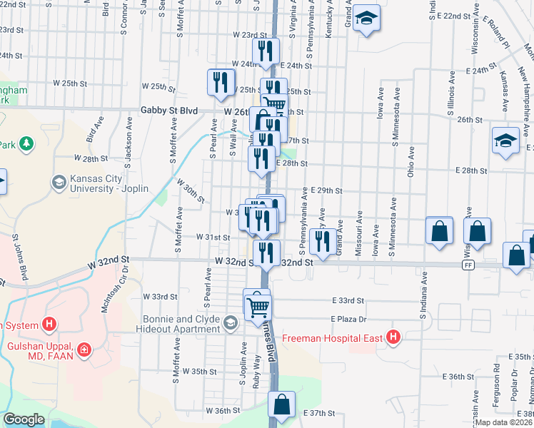 map of restaurants, bars, coffee shops, grocery stores, and more near 2928 South Main Street in Joplin