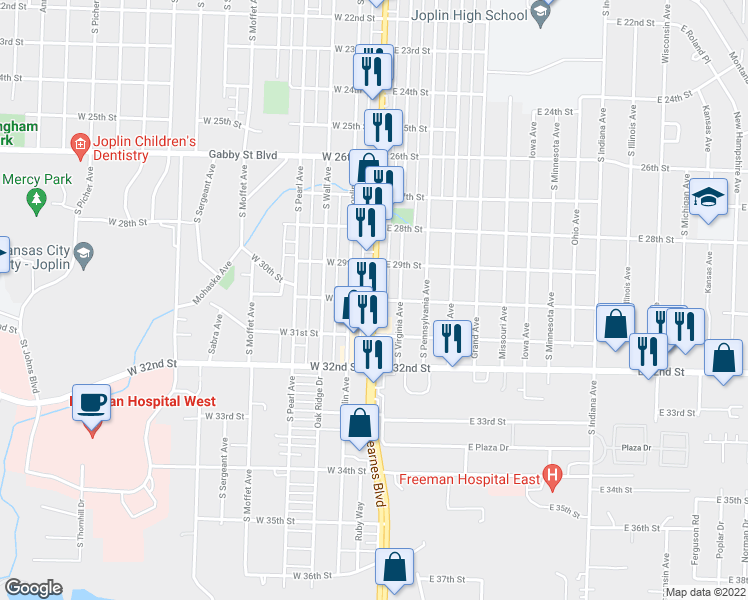map of restaurants, bars, coffee shops, grocery stores, and more near 3001 South Main Street in Joplin