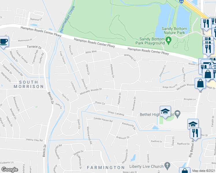 map of restaurants, bars, coffee shops, grocery stores, and more near 114 Michaels Woods Dr in Hampton