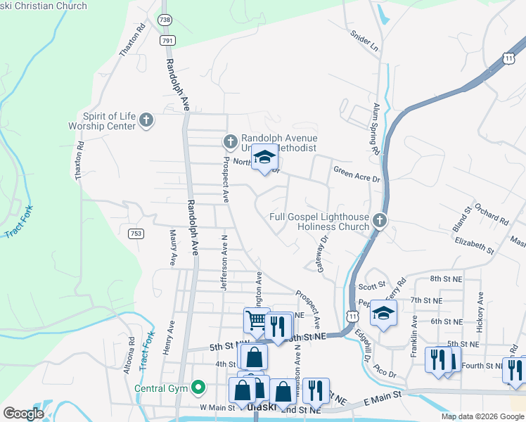 map of restaurants, bars, coffee shops, grocery stores, and more near 103 Virginia Court in Pulaski