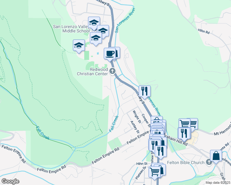 map of restaurants, bars, coffee shops, grocery stores, and more near 279 Fall Creek Drive in Felton