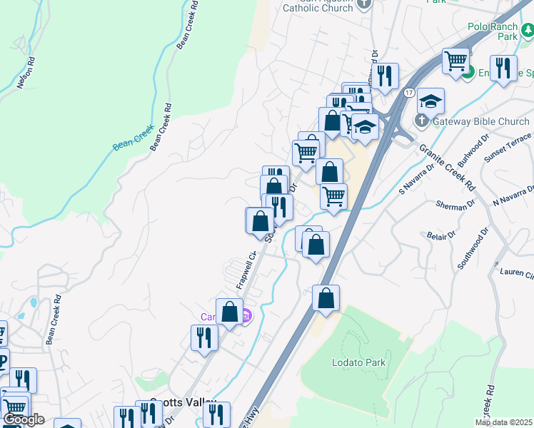 map of restaurants, bars, coffee shops, grocery stores, and more near 5297 Scotts Valley Drive in Scotts Valley