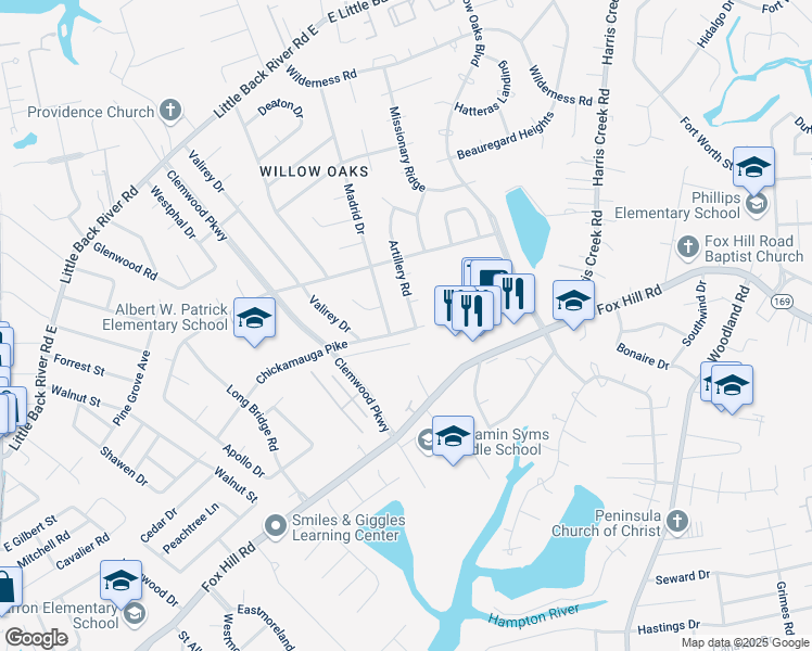 map of restaurants, bars, coffee shops, grocery stores, and more near 229 Chickamauga Pike in Hampton