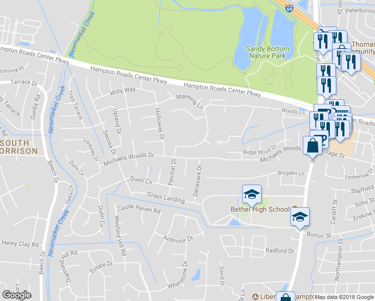 map of restaurants, bars, coffee shops, grocery stores, and more near 371 Manning Lane in Hampton