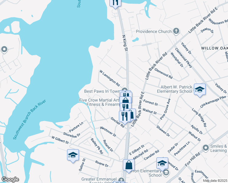 map of restaurants, bars, coffee shops, grocery stores, and more near 21 West Preston Street in Hampton