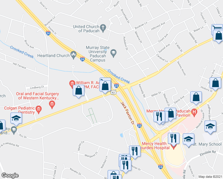 map of restaurants, bars, coffee shops, grocery stores, and more near Interstate 24 in Paducah
