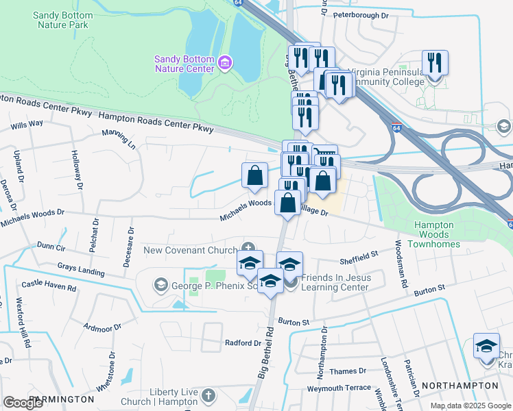 map of restaurants, bars, coffee shops, grocery stores, and more near 15 Michaels Woods Drive in Hampton